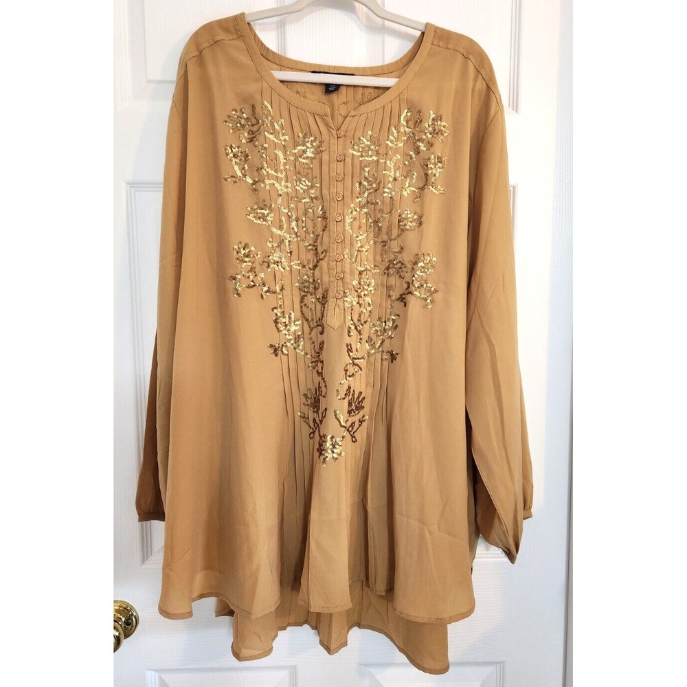 Roamans Gold Tunic Women's Plus 36W Tunic Lightweight Sequin Pleated Long Sleeve